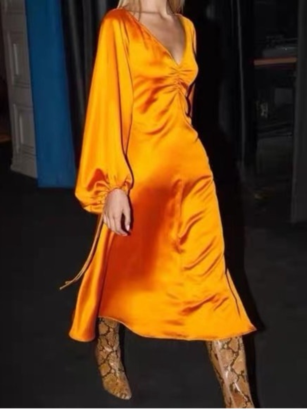 STAUD Sofia Satin Orange Long-Sleeve Midi Dress